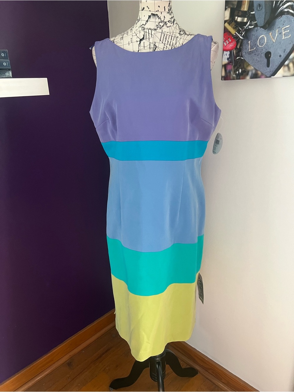 Valerie Stevens Sleeveless Silk Dress in Purple, Blue, Teal & Yellow NWT
